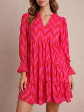 Pomander Place Kenzo Mini Dress Hot Pink Ikat Women’s Small Boho Tiered Preppy